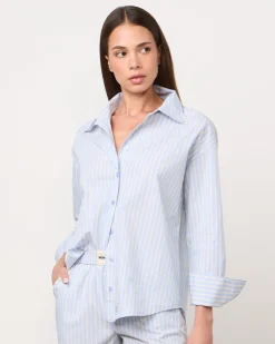 MONROW Stripe Poplin Oversized Shirt BLUE/YELLOWSTRIPES New
